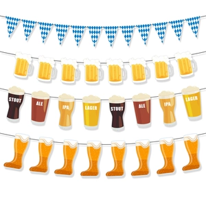 Oktoberfest beer festival paper banner set with mugs, ale flags, and blue checkers