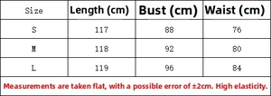 Detailed size chart for the off-shoulder evening dress with bust and waist measurements