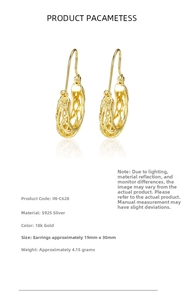 Detailed view of hollow woven S925 silver earrings with 18k gold plating 19x30mm