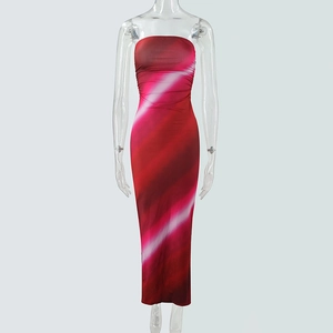 Detail of red tube dress with white tie-dye stripes and high slit bodycon silhouette