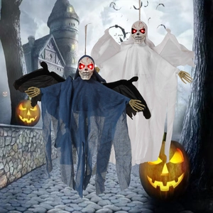 Hanging Halloween ghost decorations with glowing red eyes and wings for spooky scene props