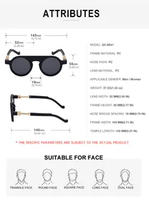 Size chart showing frame dimensions and PC material specifications for round sunglasses