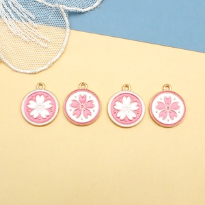 Pink sakura cherry blossom enamel pendants with gold metal border for DIY jewelry making