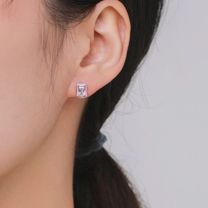 Pink enamel S925 sterling silver rectangular earrings with zircon for women