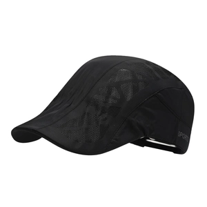 Breathable black mesh flat cap with white Sports print for outdoor sun protection