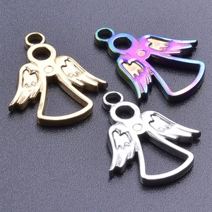 Detailed view of hollow angel pendants in gold, silver, and rainbow steel finishes