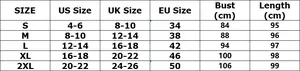 Size guide for high neck long sleeve slim dress featuring US UK and EU measurements