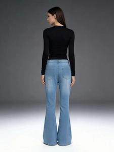 High-waisted light blue flare jeans for women featuring a slim fit and back pockets