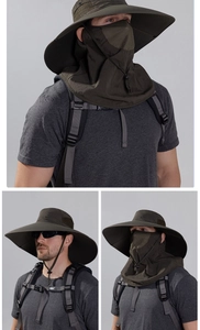 Detail of dark olive outdoor hat showing breathable mesh, removable face mask and neck flap
