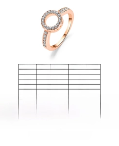 Size chart for blue zircon ring showing perimeter and diameter from size 6 to 10