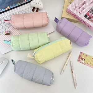 Morandi colors quilted pencil case set arranged on desk with minimalist aesthetic vibe