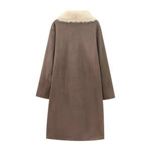 Brown long coat with beige faux fur collar and suede texture shown from the back view