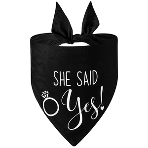Detail of black cotton dog wedding bandana with white SHE SAID YES printed text
