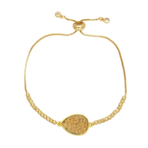 Elegant gold plated box chain bracelet with teardrop druzy pendant and adjustable slide