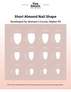 Tableau des tailles détaillé pour faux ongles amandes courts avec 12 dimensions