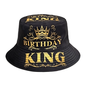 Chapeau Bob Birthday King Réversible Imprimé Couronne Dorée Protection Solaire Respirant Polyester Pour Fête Noir