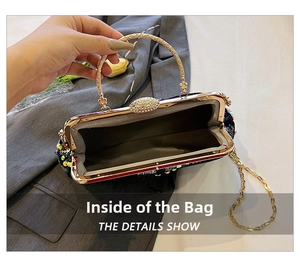Interior view of sequin evening bag showing grey fabric lining and spacious trapezium shape