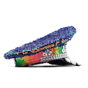 Sparkly iridescent captain hat with rhinestones and gems for party festival wear