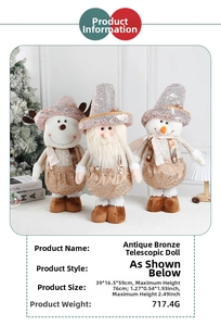 Detail showing bronze sequin Christmas snowman doll with adjustable telescopic height