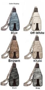 Collection of six vintage sling bags in various colors with geometric woven straps