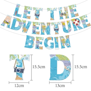Let the Adventure Begin banner with map patterns and dimensions for travel party decor