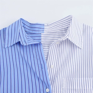 Women's casual oversized poplin shirt with blue striped patchwork and turnover collar