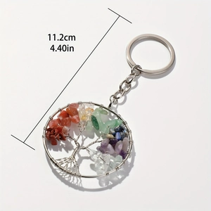 7 Chakra Tree of Life keychain with colorful natural stone crystals in silver circular frame
