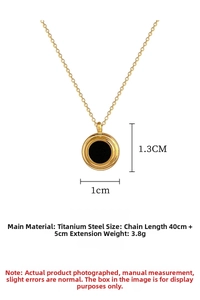 Detail of round black shell pendant with gold titanium steel chain and dimensions