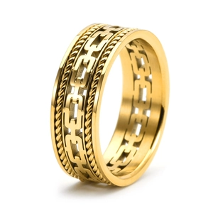 Gold hollow stainless steel cable ring with industrial link design and rope textures