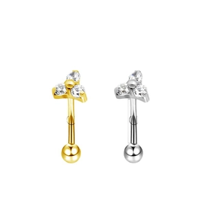 Curved G23 titanium barbell eyebrow piercing with triple zircon cluster in gold and silver