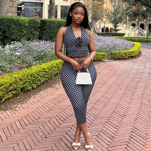 Women Polka Dot Halter Backless Crop Top With Flower Detail And High Waist Slim Pants Polyester Spandex Streetwear Outfit