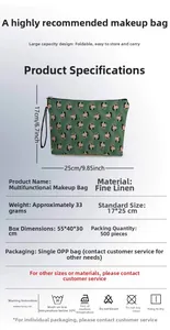 Detailed view of linen cosmetic bag with unicorn print and 17x25cm size specifications
