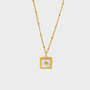 Gold square mother of pearl heart pendant necklace with star detail and beaded chain