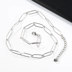 Macro detail of silver paperclip chain necklace with lobster clasp and extension link