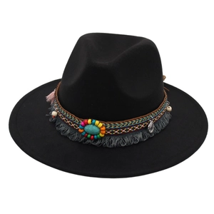 Cappello fedora nero in feltro con fascia etnica in turchese e dettaglio nappa