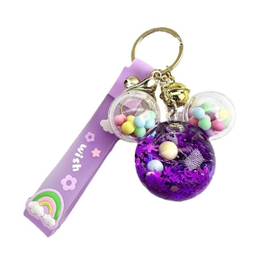 Purple cartoon mouse head liquid quicksand keychain with wish strap and golden bell
