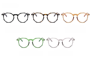 Retro polygon anti-blue light glasses frames in five assorted colors on white background