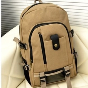 Large khaki canvas outdoor backpack with buckle straps and a multi-pocket hiking design