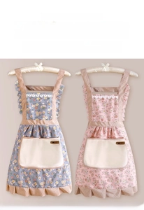 Detail view of floral princess style aprons with double-layer fabric and large pockets