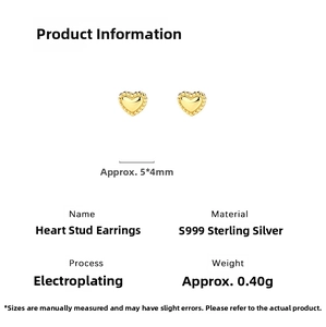 Detailed specs of gold heart stud earrings in S999 sterling silver sized 5x4mm