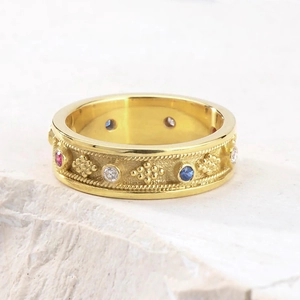 Byzantine style gold plated wide band ring with colorful zircon stones and granules