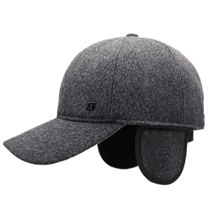 Men's winter wool baseball cap in dark grey with ear protection and warm lining