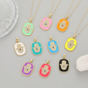 Colorful Hamsa Hand pendants with enamel inlay and blue zircon eye on golden chain