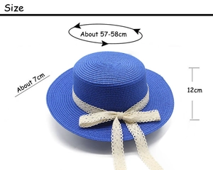 Detailed size specifications for the blue straw flat top hat with lace bow decoration
