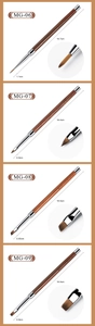 Detail of four nail art brushes with walnut wood handles and silver ferrules
