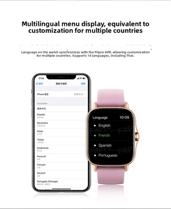 Detail of Y13 smartwatch with 1.83 inch screen showing multilingual menu options