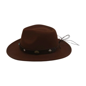 Detail of brown western cowboy hat with studded leather band and turquoise stone accent