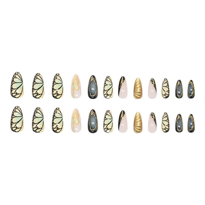 24-piece long almond press on nails with butterfly texture and gold embossed details
