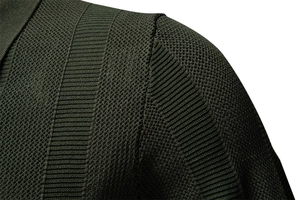 Macro shot of olive green knitted polo fabric texture and striped splicing details