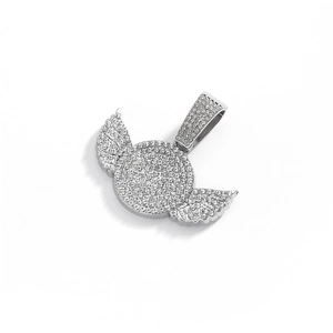 Hip hop silver wings pendant necklace with glittering rhinestones on a white background